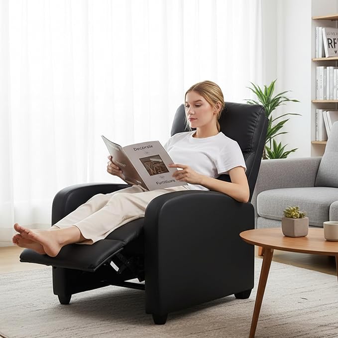 Simple Deluxe Recliner Chair - Adjustable Push Back PU Leather Recliner Plush Reading Chair &amp Luxe Sofa Chair for Living Room Chairs or Bedroom Chair Single Recliner for Home Theater