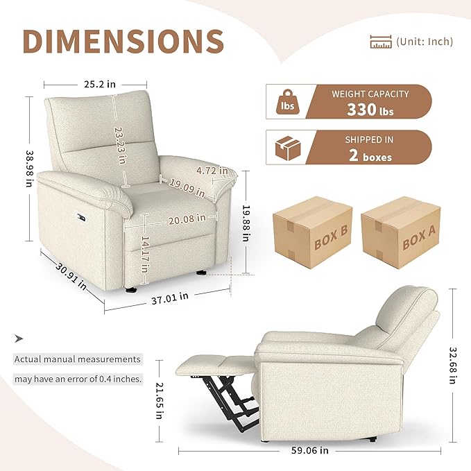 KEIKI Wall Hugger Recliner Chair Zero Wall Electric Recliner Chairs with USB Port Electric Recliner for Living Room Fabric Reclining Armchair for Small Space Beige