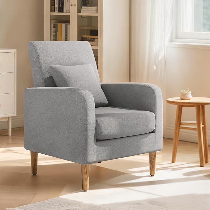 Magshion Mid-Century Accent Chair for Living Room Comfy Reading Chair for Bedroom Upholstered Linen Fabric Armchair Single Sofa with Back Pillow &amp Wood Legs 300 lbs Capacity Gray
