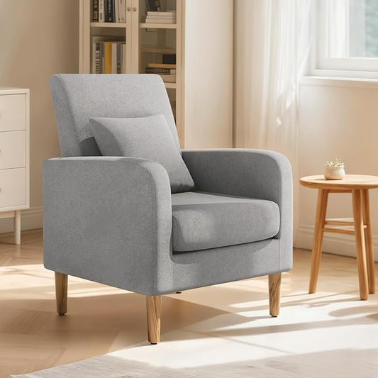 Magshion Mid-Century Accent Chair for Living Room Comfy Reading Chair for Bedroom Upholstered Linen Fabric Armchair Single Sofa with Back Pillow &amp Wood Legs 300 lbs Capacity Gray