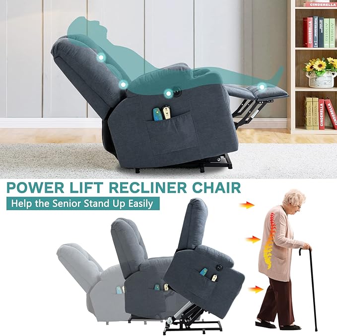 MEETWARM Power Lift Chair Electric Recliner for Elderly Heated Vibration Massage Soft Fabric Recliner Chair with 2 Remote Controls USB Ports Cup Holders &amp Side Pockets for Living Room (Gray-Blue