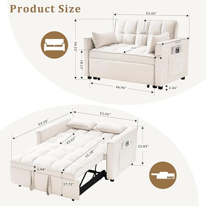 Oversized 3-in-1 Convertible Sleeper Sofa Bed Futon Couch with Pullout Bed 2-Seater Loveseat Sofa w/Pockets Adjustable Backrest and Pillows for Living Room Apartment (White-55inch)