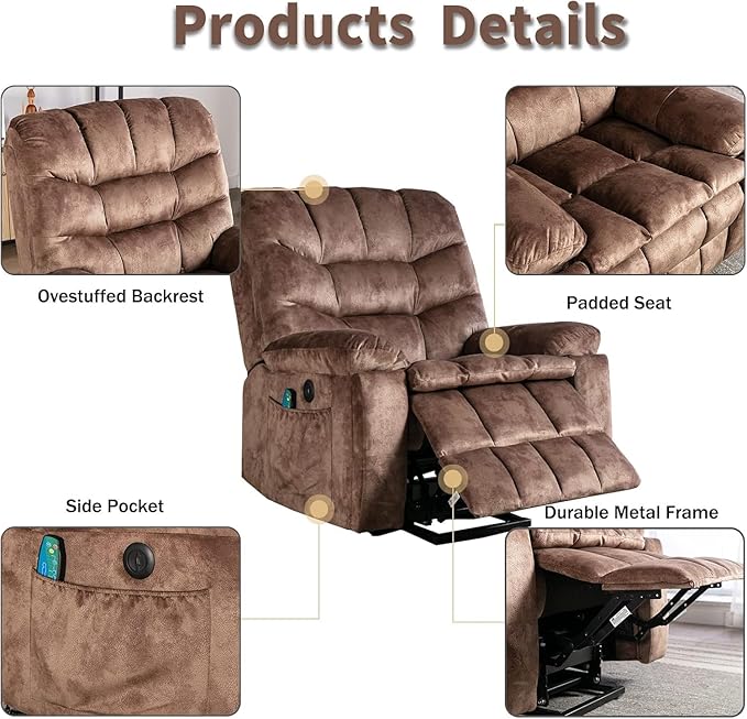 CANMOV Large Power Lift Recliner Chairs with Massage and Heat for Elderly Heavy Duty and Safety Motion Reclining Mechanism Electric Wide Recliners with USB Ports 2 Hidden Cup HoldersBrown