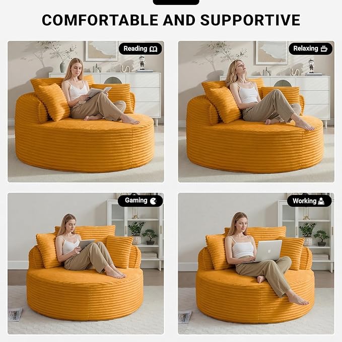 Oversized Round Lounge Chair Indoor Corduroy Upholstered Deep Seat Cloud Circle Sofa Chair Fluffy Boneless Sleeper Chair for Reading &amp Lounging No Assembly Required (Yellow)