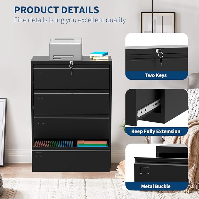 4-Drawer Lateral File Cabinet with Lock Heavy Duty Metal Filing Cabinet for Letter/Legal/A4 Documents Space-Saving Office Storage Organizer for Home Office Easy Assembly Black
