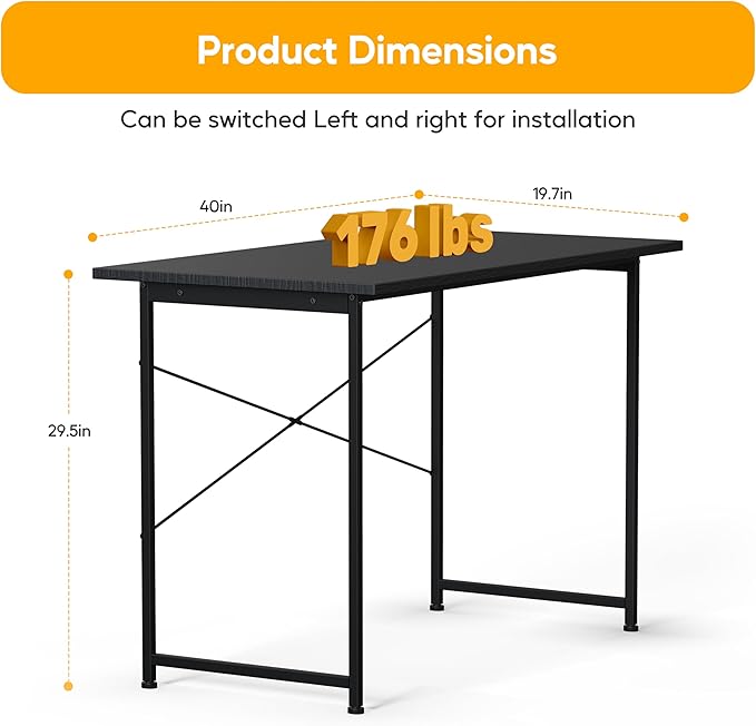HealSmart Home Office Computer Black Small Desk Modern Simple Style PC Table with Headphone Hooks 40 Inch