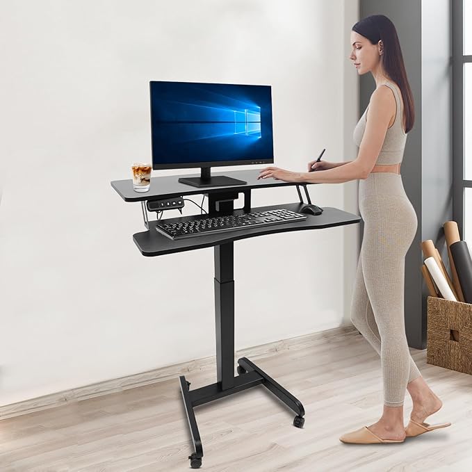 Electric Mobile Height Adjustable Standing Workstation Rolling Electric Podium Desk with Wheels and Keyboard Tray Dual Tiered Standing Desk for Office School Home