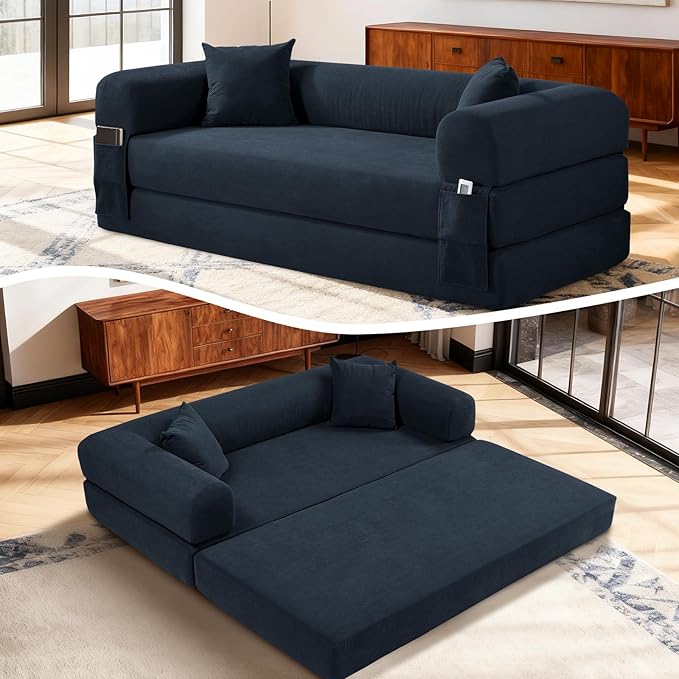 4-in-1 Folding Convertible Sofa Bed 80 Inch Oversized Corduroy Boneless Couch Loveseat Sleeper with Pull Out Bed Floor Sofa Modular Futon Teddy Sofa for Living Room Bedroom Lounge Deep Blue