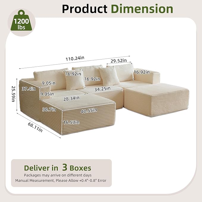 110 Modular Sectional Couch with 2 Movable Ottoman Cloud Sofa Couches for Living Room U Shaped Deep Seat Boneless SofaLuxury Corduroy Fabric No Assembly Required White