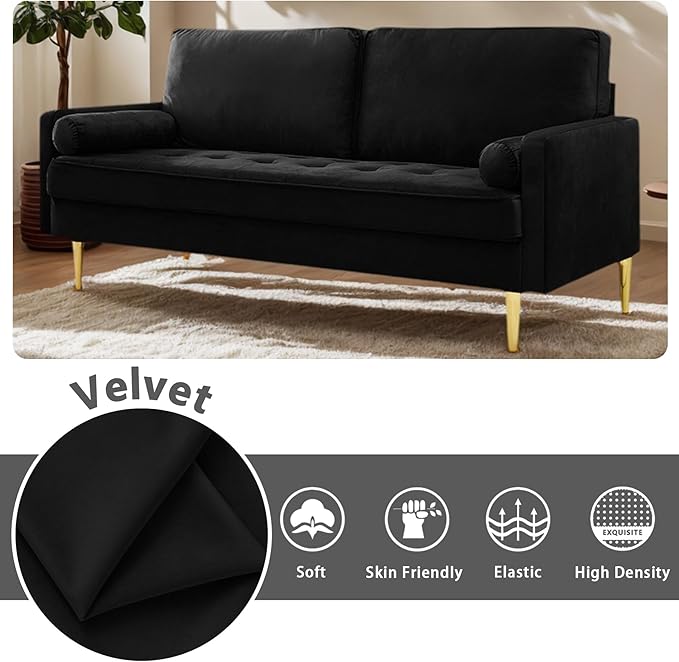 65 Loveseat Sofa with 2 Pillows Comfy Love Seat Cuches with Gold LegsVelvet Small Couchs for Living Room Bedroom Office ApartmentMid Century Modern Couch (Black)