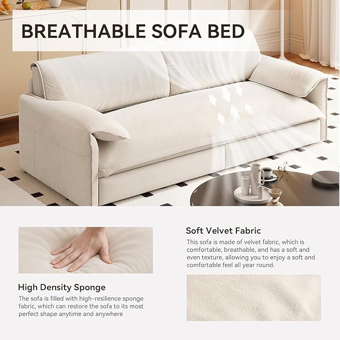 healthomse 66 Queen Size Sleeper Sofa Bed 3-in-1 Convertible Pull Out Sofa Bed with Side Storage Modern Velvet Loveseat for Living Room Bedroom Apartment Office Lounge (Beige 66inch)