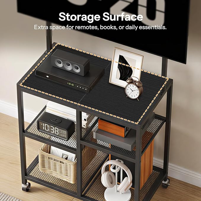HOOBRO Small TV Stand with Wheels and Mount for 50 Inch TVs Mobile Rolling TV Stand with Storage Shelves Small Entertainment Center for Living Room Bedroom Study Black BB37DS01