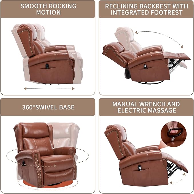 PELUMY Genuine Leather Swivel Rocking Recliner Chair for Adults 360° Swivel Glider Rocker with Heat &amp Vibrating Massage Lounge Chair for Living Room Bedroom Nursery (Tangerine-Red Brown)