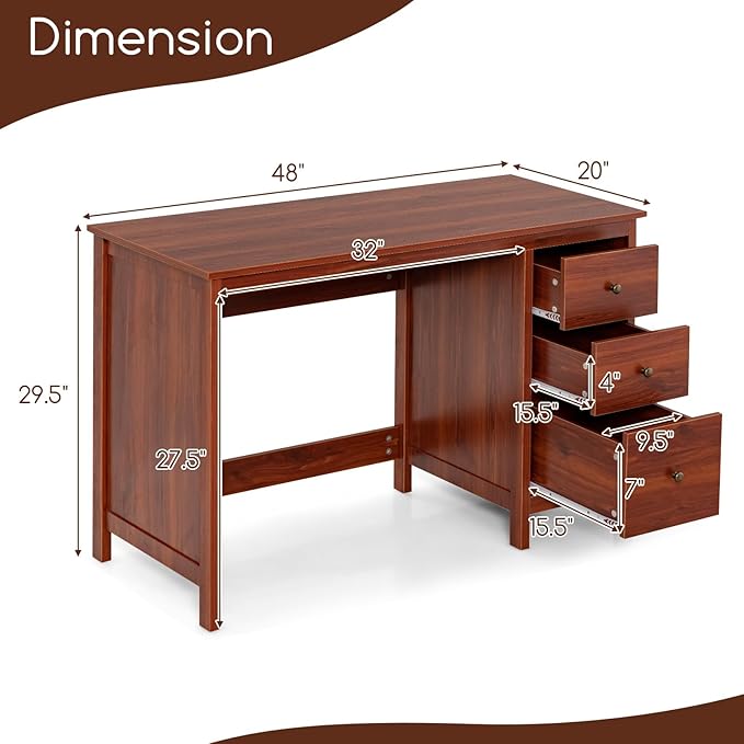 48 Inches Computer Desk Modern Writing Study Table with 3 Drawers Multifunctional Workstation Desk for Home Office Living Room Bedroom