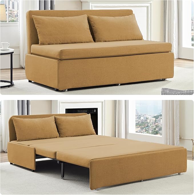 ijuicy 3 in 1 Queen Size Pull Out Sofa Bed Linen Sleeper Sofa with Pullout Bed Convertible Loveseat Couch Beds with Pillows and Tri-fold Mattress for Small Space Apartment Mustard Yellow