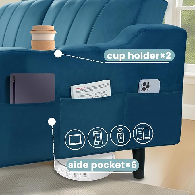 Brelice Futon Sofa Bed 80 Sleeper Loveseat Futon Couch with Cup Holders &amp Side Pockets Velvet Sofa Cama for Living Room and Small SpaceBlue
