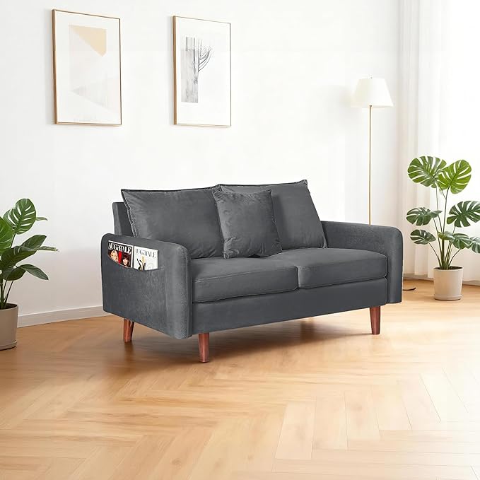 56.1 Round Arm Velvet Loveseat with Side Pockets and a Square Pillow (Grey) | Side Storage Pockets Pillow Included