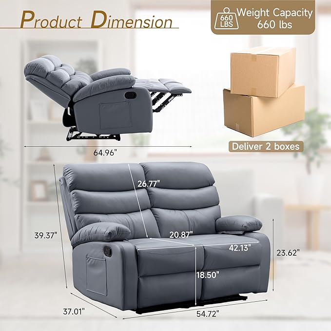 Loveseat Recliner Chair Leather Double Reclining Chairs for Adults Wall Hugger Recliners for Small Spaces Love Seat Couches Sofa Reclinable for Living Room RV Home Theater Seating Grey