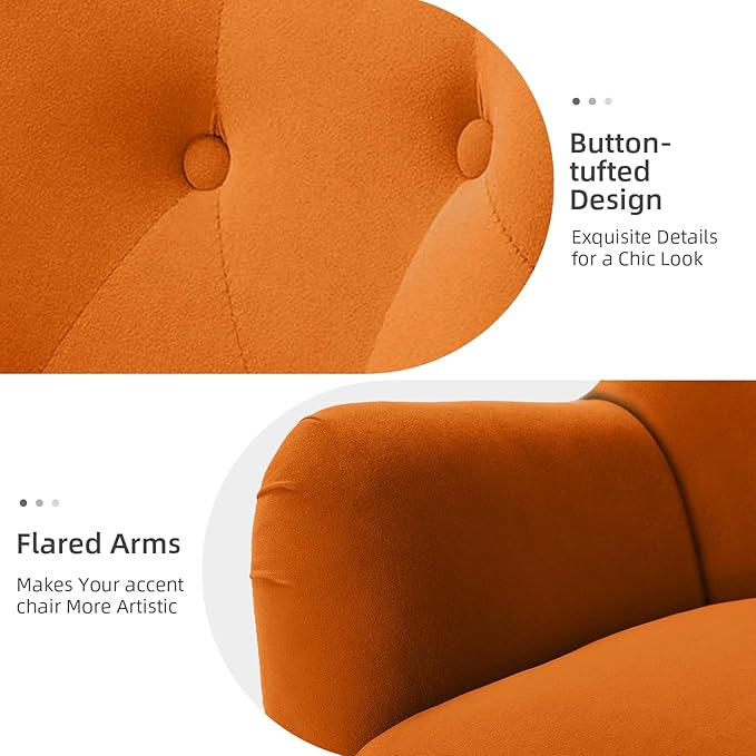 HULALA HOME Velvet Accent Chair Set of 2 Modern Wingback Arm Chair with Metal Gold Legs Velvet Tufted Upholstered(Orange)