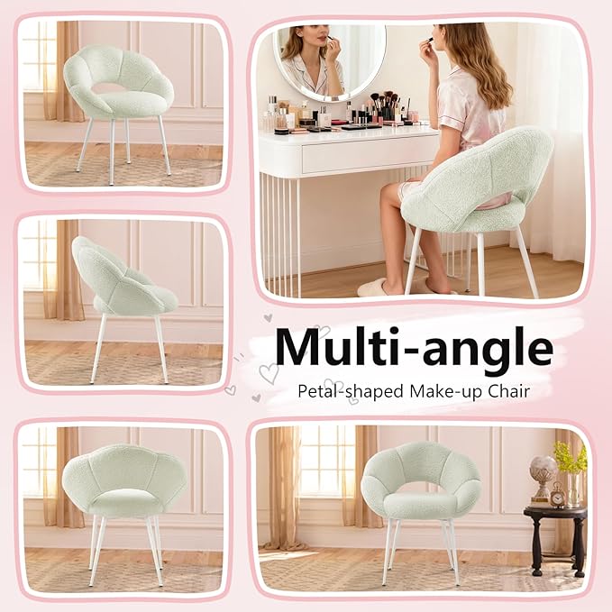 Petal Makeup Vanity Chair with BackUpholstered Makeup Accent Reading Chair No WheelsModern Dining Chair for HomeOfficeBedroomTeddy Plush (White)