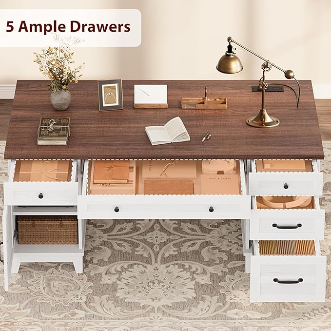 60 Inch Farmhouse Computer Desk with Charging Station &amp File Cabinet Wooden Office Desk with Power Outlets USB Ports and Ample Storage Drawers for Home Workspace Executive Writing Table.