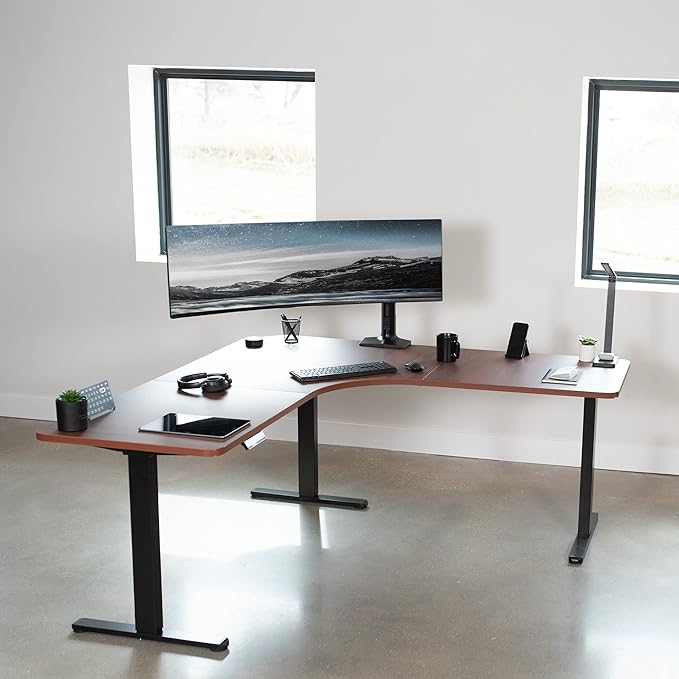 VIVO Electric Height Adjustable 71 x 71 inch Curved Corner Stand Up Desk Dark Walnut Table Top Black Frame Memory Controller L-Shaped Workstation E3C Series DESK-KIT-E3CBD