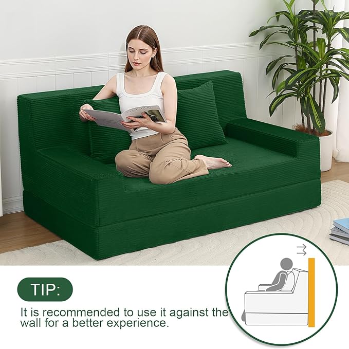 MeMoreCool Corduroy Loveseat Sleeper Sofa – Green Boneless Fold-Out Couch Bed with Foam Core Convertible Floor Futon with Pillow &amp Washable Cover for Small Spaces Bedroom Guest Room