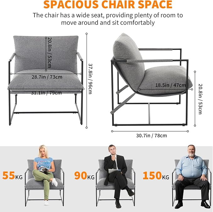 Sling Accent Chair for Living Room Modern Metal Framed Cozy Armchair Upholstered Living Room Chairs with Shredded Foam Cushioning Lounge Chair for Bedroom Living Room Reading Room Grey