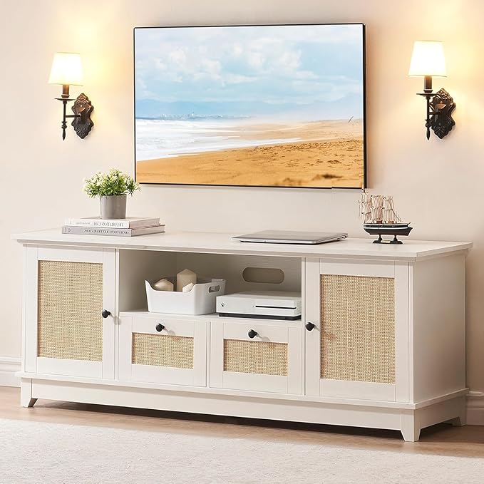 IDEALHOUSE Rattan TV Stand for 65+ Inch TV Boho Entertainment Center with Storage Drawer and Open Shelves TV Console Cabinet with Adjustable Shelf for Living Room Bedroom White