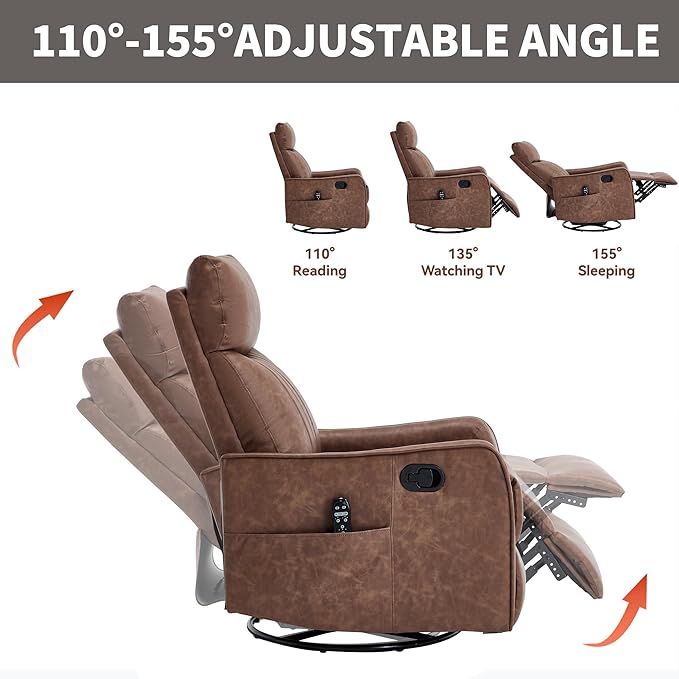 KEIKI Swivel Rocker Recliner Chair with Massage and Heated Pad for Living Room Synthetic Leather Glider with 360 Degree Rotation and Manual Recline