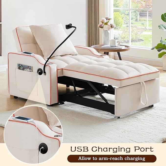 KINFFICT Sleeper Sofa Chair Bed Convertible 3-in-1 Sofa Armchair Adjustable Sleeper Chairs with Pullout Bed Single Lounger Futon Chairs with Side Pockets for Living Room (Beige)