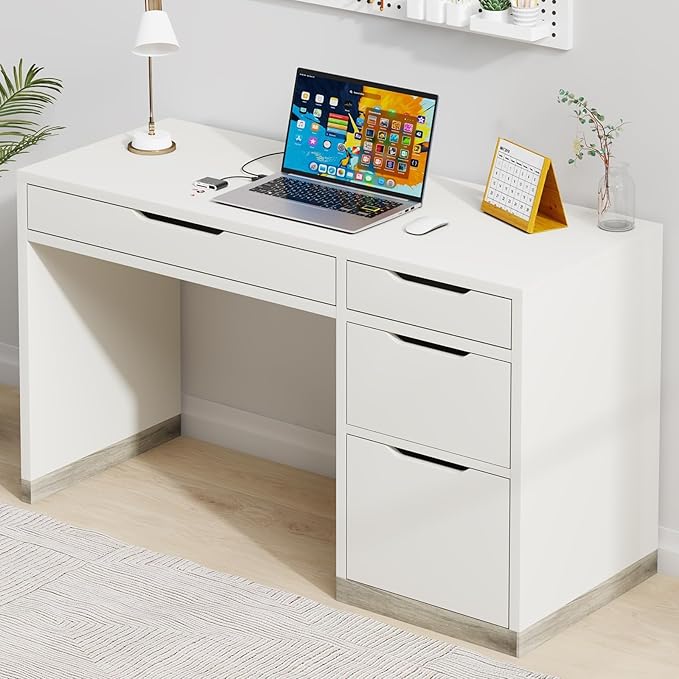 52 Inch White Desk with 4 Drawers Computer Desk with Storage for Small Spaces with Storage File Drawer Small Home Office Desk with Drawers for Bedroom