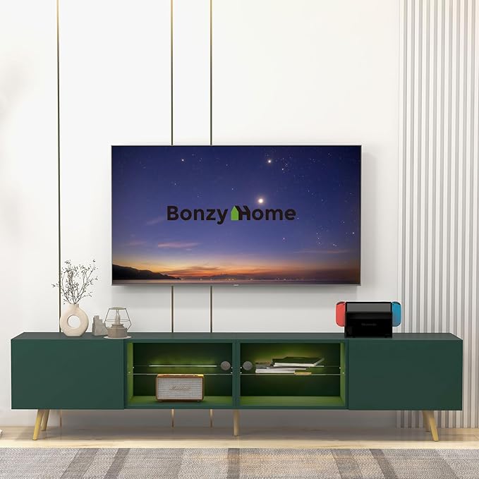 Bonzy Home 86 LED TV Stand Modern Entertainment Center up to 90 TV Television Console Table with Storage Cabinets for Living Room Dark Green
