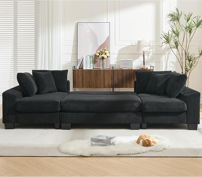 KEIKI 114 U-Shaped Corduroy Sleeper Sectional Sofa with Pull-Out Bed Adjustable Backrest 2 Chaise Lounge 2 Pillows Convertible 4-Seater Upholstered Couch Easy Assembly for Living Room Black