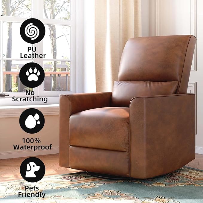 Swivel Rocking Recliner Chair Upholstered Faux Leather Glider Recliner with Lumbar Support High Backrest &amp Padded Armest Manual Nursery Recliner for Living Room (Manual Brown)
