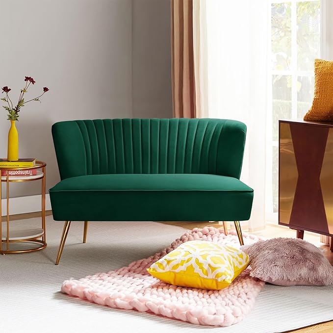 HULALA HOME Velvet Loveseat Sofa with Gold Legs Mid-Century Modern Upholstered Love seat Couch Tufted Small 2-Seat Sofa Armless for Living Room Bedroom Apartment Small Spaces Green