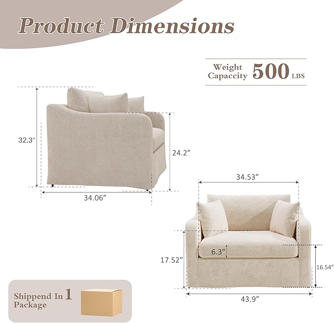 Mlmh &amp Kngwa Oversiezd Reading Chair 43 Inch Chenille Armchair Comfy Upholstered Large Chair Deep Seat Single Sofa with 2 Pillows for Reading Nook Living Room Bedroom Beige
