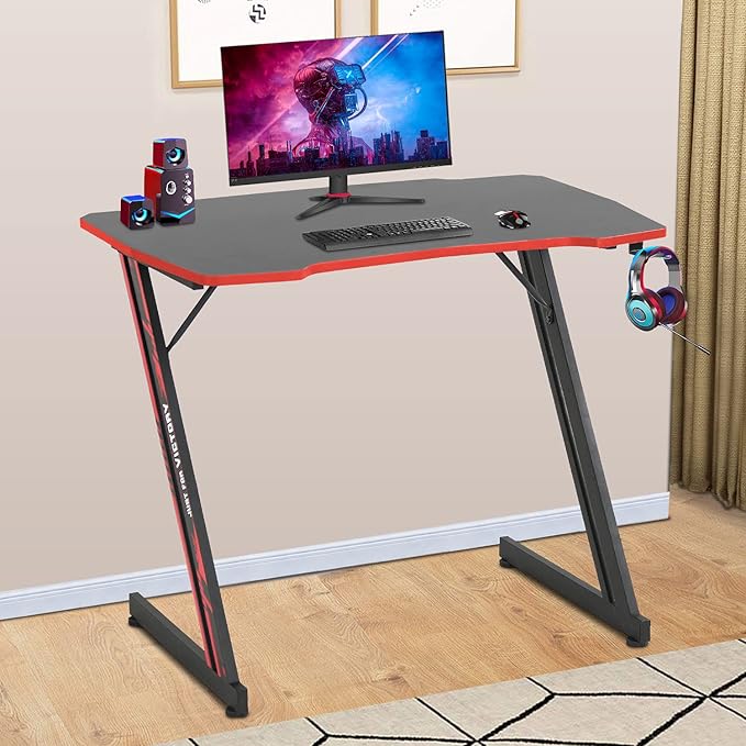 BestOffice Gmaing Desk 35.4in PC Computer Desk Z Shaped Gaming Workstation Ergonomic Gaming Table with Headphone Hook for Home Office Red