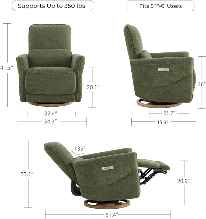 CHITA Power Nursery Rocking Chair Swivel Glider Recliner Chair with Solid Wood Base Bulit-in USB &amp Type-C Charging Ports for Living Room FSC Certified Moss Green