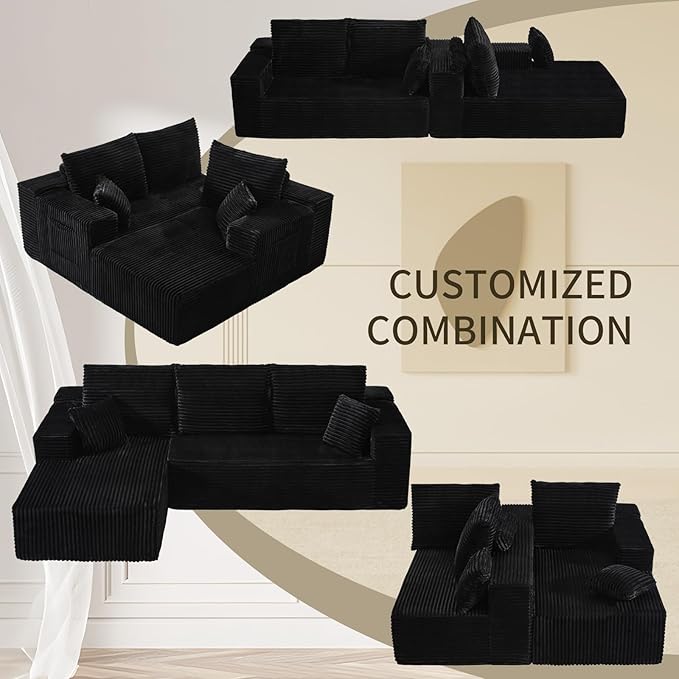 106'' Cloud Sectional Couch with L-Shape Chaise Boneless Modular Sofa with Deep Seat Modern Corduroy Couch for Living Room No Assembly Required. (Black Left-Facing Chaise)