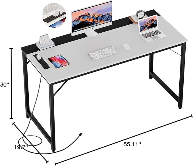 55 Inch Computer Desks with Power Outlets and USB Charging Ports Modern Office Desk for Small Spaces Sturdy Laptop PC Gaming Writing Table for Students White and Black