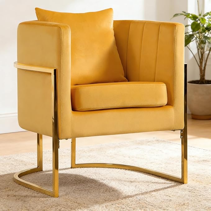X-VOLSPORT Velvet Accent Chairs Set of 2 Contemporary Barrel Armchairs Living Room Bedroom Club Chair Set with Pillow Channel Tufted Gold Finish Base Yellow