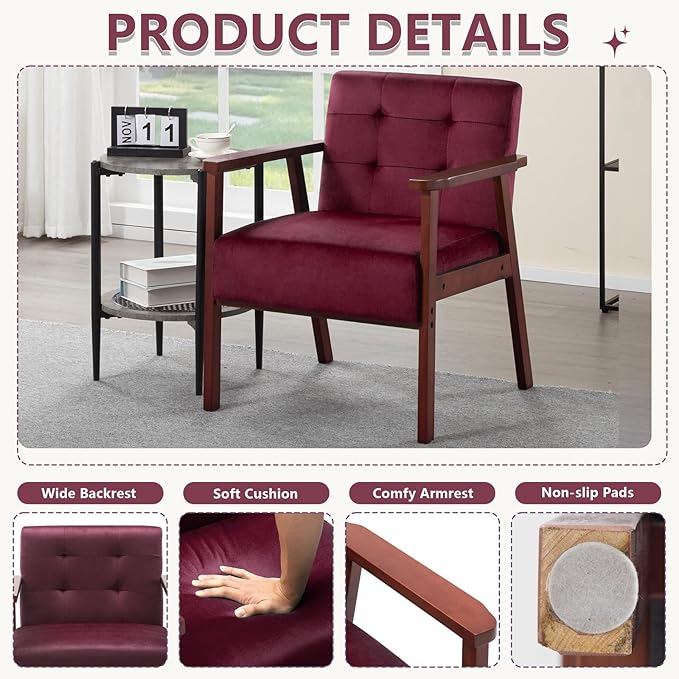 Anwick Mid-Century Accent ChairModern Velvet Living Room Chair with Solid Wood FrameComfy Armchair Lounge Reading Chairs for Bedroom Office Small Spaces (Wine Red)