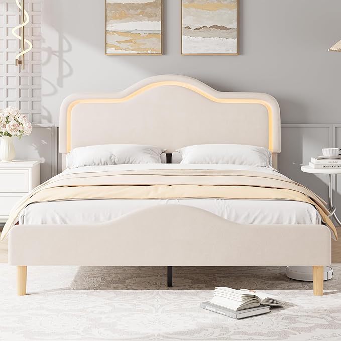 IDEALHOUSE Full Size Bed Frame with LED Lights Velvet Upholstered Platform Bed with Adjustable Headboard for Kids/Girls Wooden Slats Support No Box Spring Needed Beige
