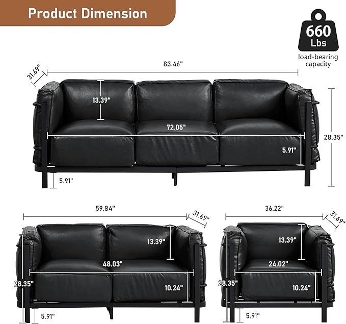 Minimalist Style 3 Seater Sofa Mid-Century Modern Faux Leather Sofa Couch with Fixed-Shape Iron Frame Upholstered Couch Chair for Living Room Office Apartment (Black Loveseat Sofa)