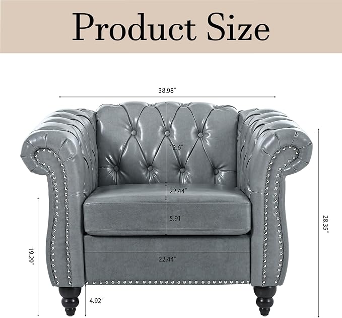 Oversized Chesterfield Chair PU Leather Accent Chair with Tufted Back Club Chair for Living Room Bedroom Gothic Victorian (Grey)