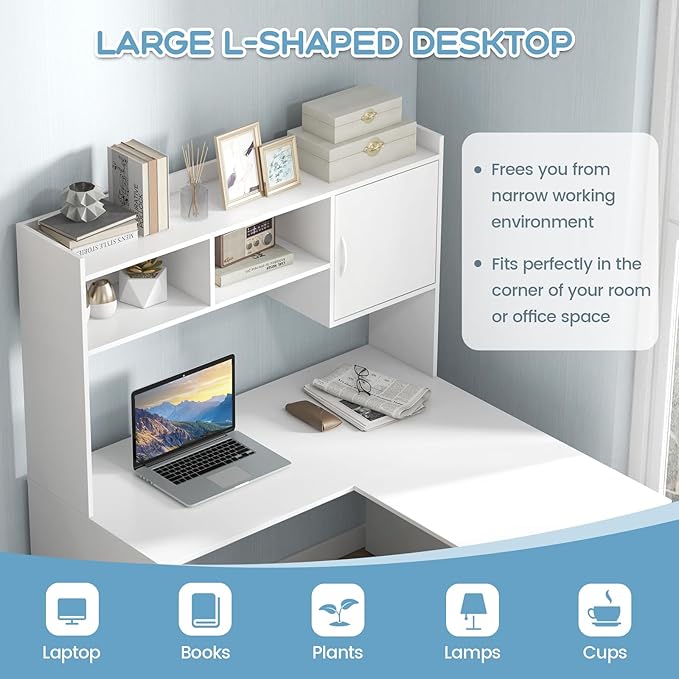 Tangkula L-Shaped Desk with Storage Hutch Corner Computer Desk with Shelves &amp Cabinet Modern Writing Study Table for Home Office Laptop PC Workstation White