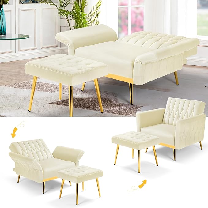 2 Pieces Velvet Sofa Set with Adjustable Armrest and Backrest 70” Convertible Futon Sofa Bed &amp Mordern Accent Chair with Ottoman for Living Room Bedroom Beige