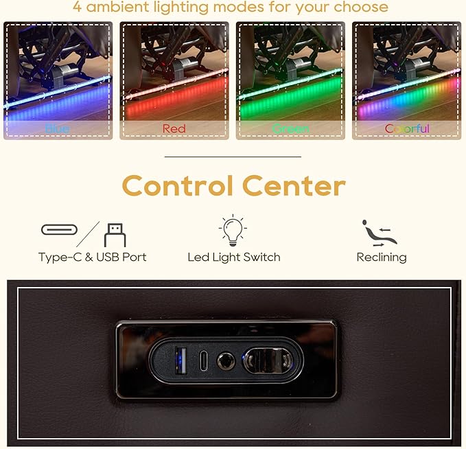 IPKIG Power Loveseat Recliner Sofa with Flip-Up Backrest Console Drawer AC Outlet LED Light Wall Hugger Recliners for Living Room RV Home Theater (Chestnut Console with Music LED)