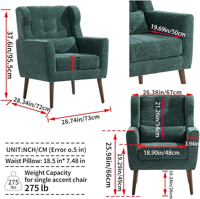 Modern Accent ChairChenille Arm Chairs for Living RoomUpholstered Mordern ArmchairComfy Soft Padded Lounge Chair in Small Space Bedroom wPillow Solid Wood Leg (Blackish Green)